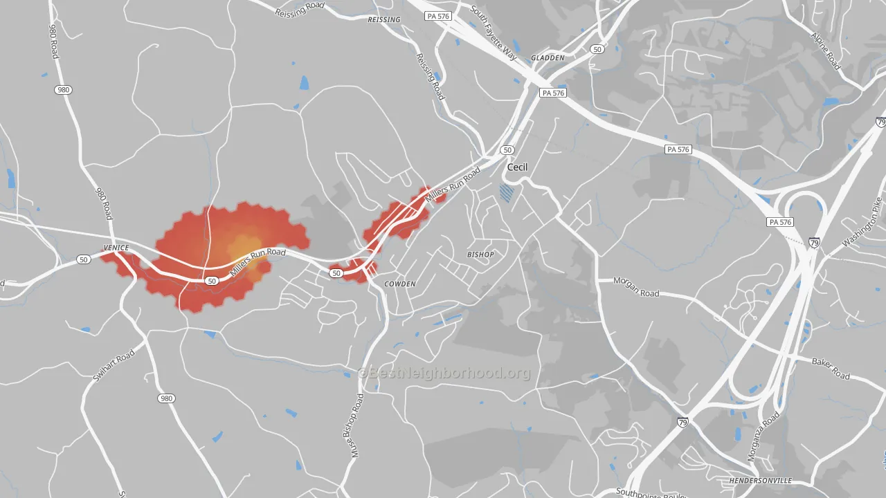 Walk Grade map of Cecil, PA, walkable areas in green and car-dependent areas in red