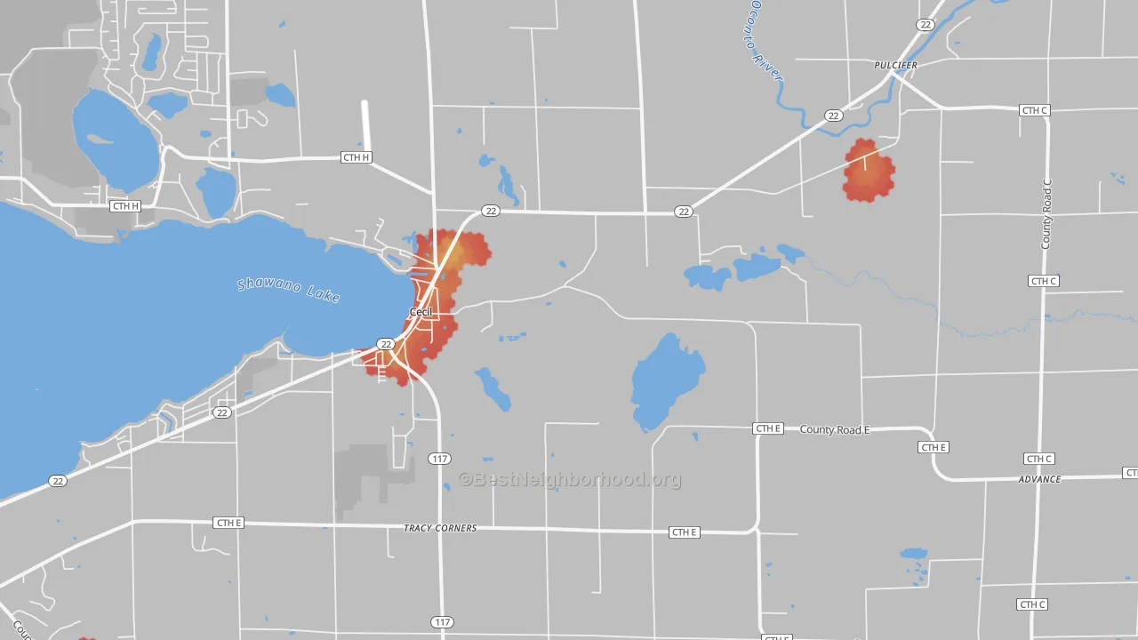 Walk Grade map of Cecil, WI, walkable areas in green and car-dependent areas in red