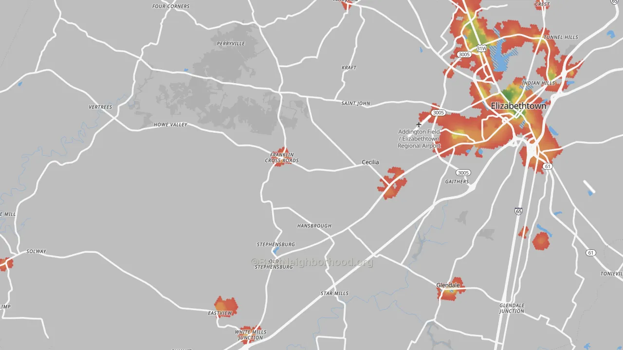 Walk Grade map of Cecilia, KY, walkable areas in green and car-dependent areas in red