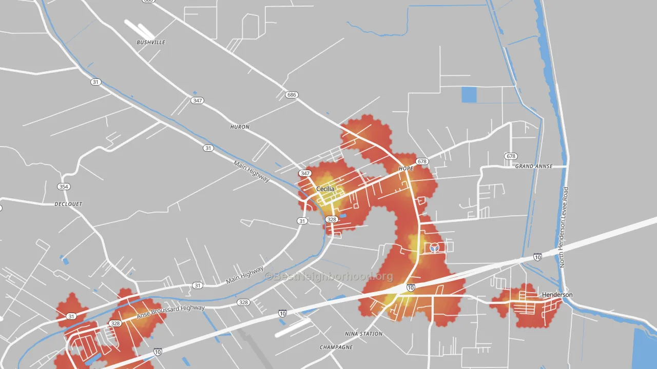Walk Grade map of Cecilia, LA, walkable areas in green and car-dependent areas in red