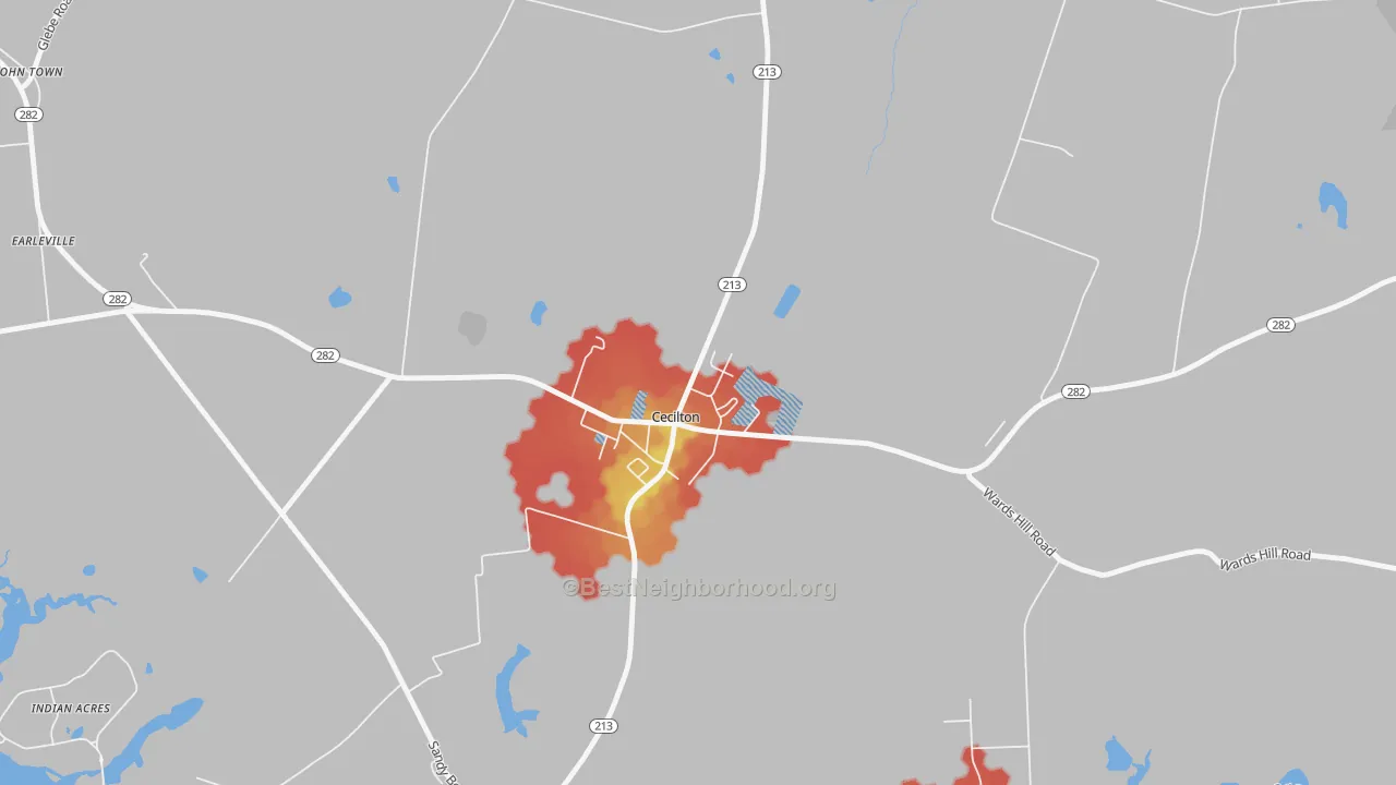 Walk Grade map of Cecilton, MD, walkable areas in green and car-dependent areas in red