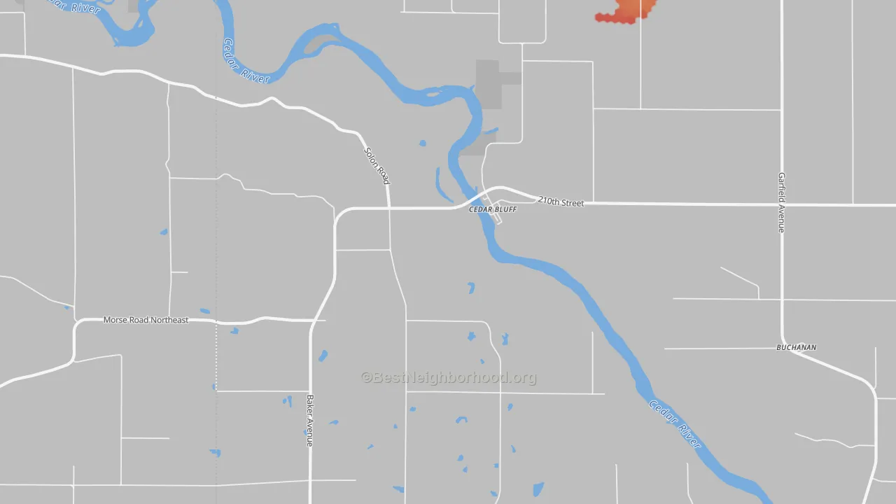 Walk Grade map of Cedar Bluff, IA, walkable areas in green and car-dependent areas in red