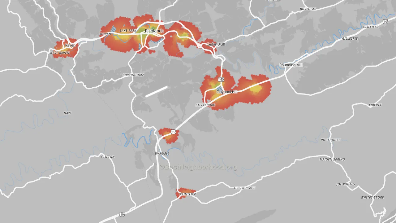 Walk Grade map of Cedar Bluff, VA, walkable areas in green and car-dependent areas in red