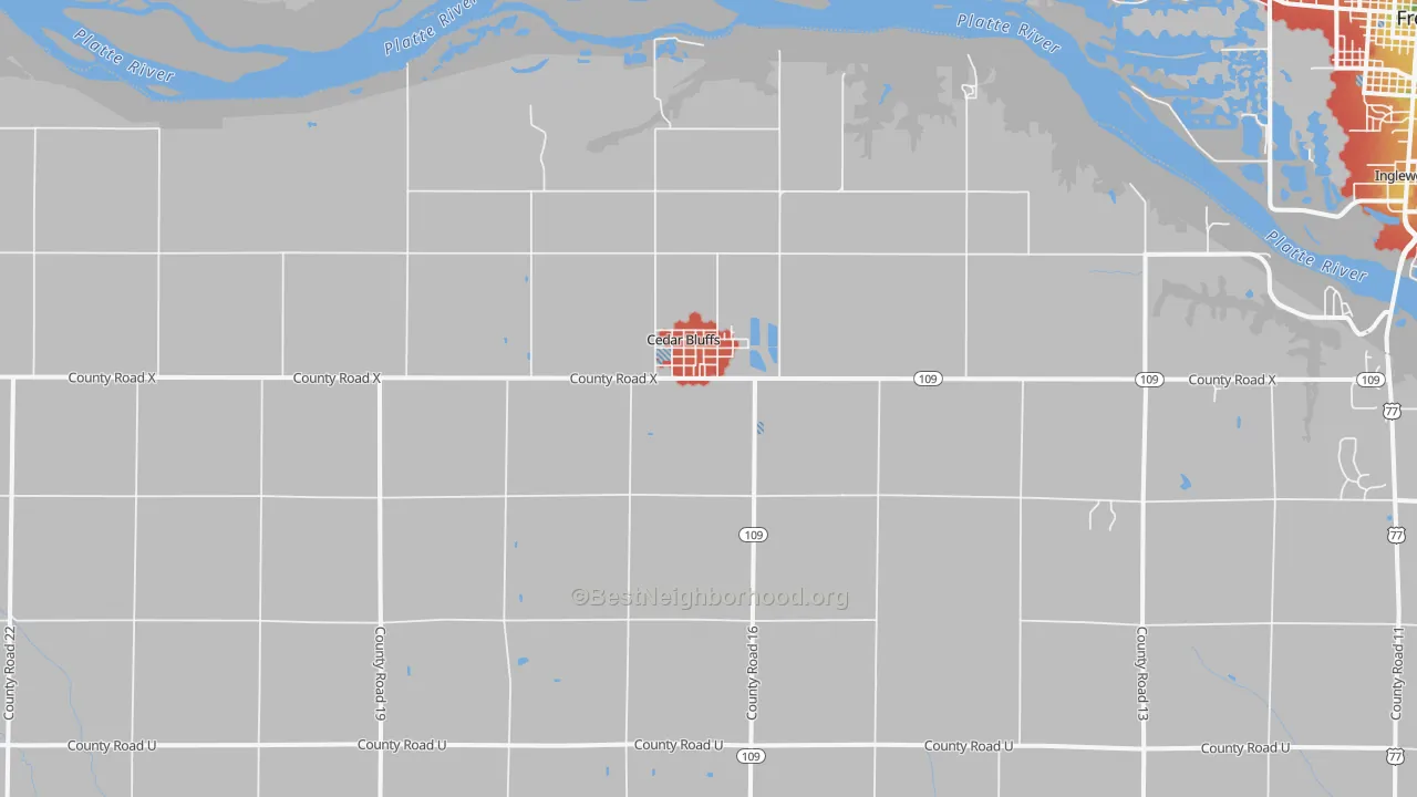 Walk Grade map of Cedar Bluffs, NE, walkable areas in green and car-dependent areas in red