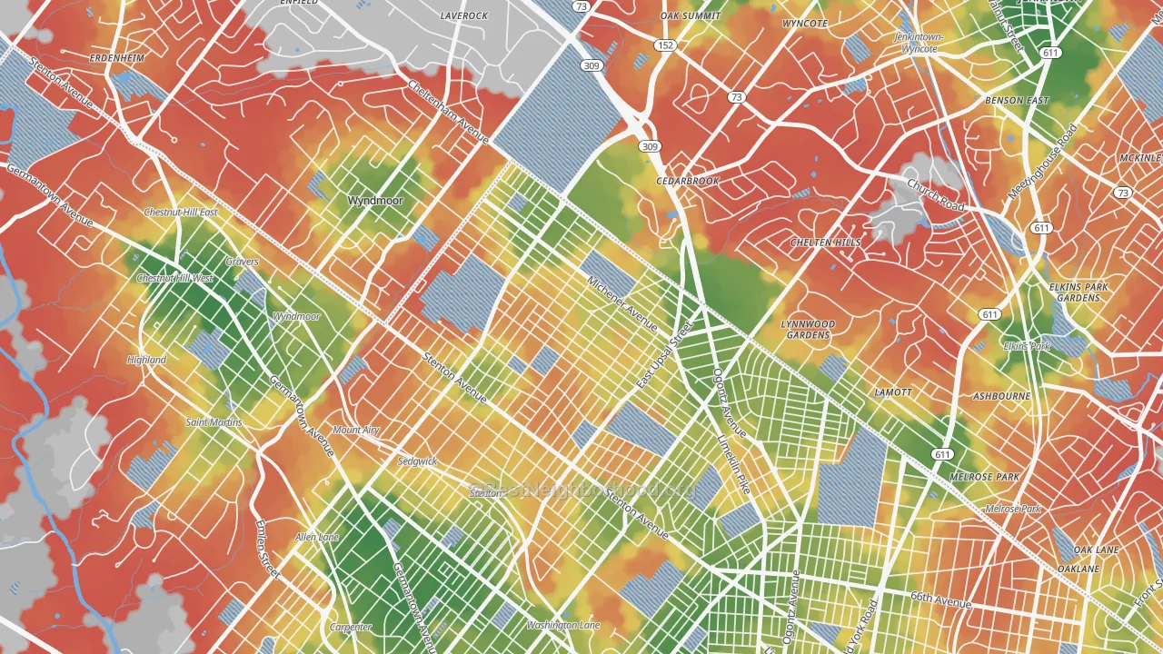 Walk Grade map of Cedar Brook, Philadelphia, PA, walkable areas in green and car-dependent areas in red