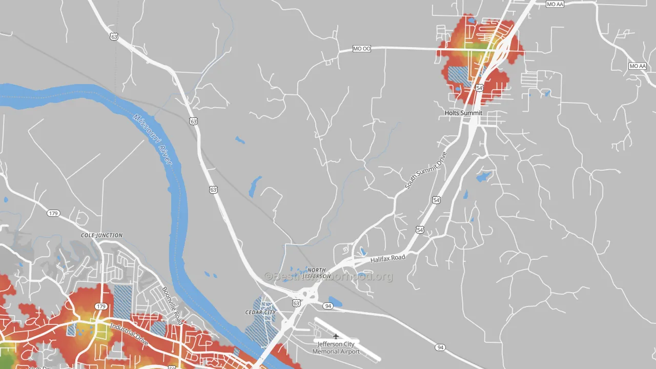 Walk Grade map of Cedar City, MO, walkable areas in green and car-dependent areas in red