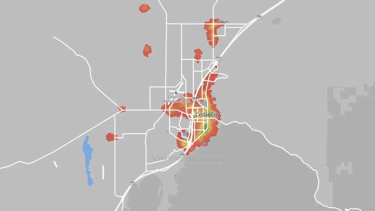 Walk Grade map of Cedar City, UT, walkable areas in green and car-dependent areas in red