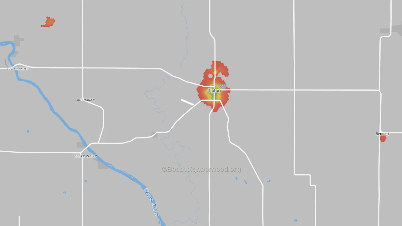 Walk Grade map of Cedar County, IA, walkable areas in green and car-dependent areas in red