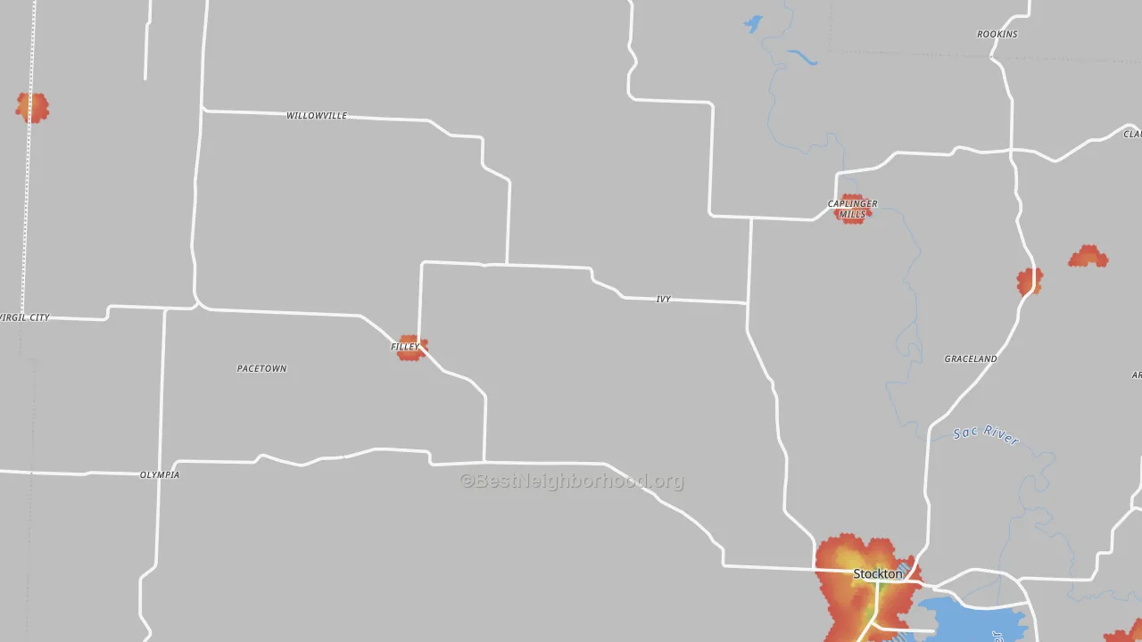 Walk Grade map of Cedar County, MO, walkable areas in green and car-dependent areas in red