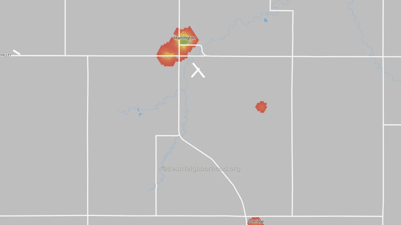 Walk Grade map of Cedar County, NE, walkable areas in green and car-dependent areas in red