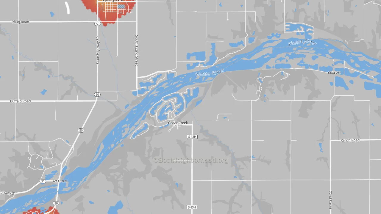 Walk Grade map of Cedar Creek, NE, walkable areas in green and car-dependent areas in red