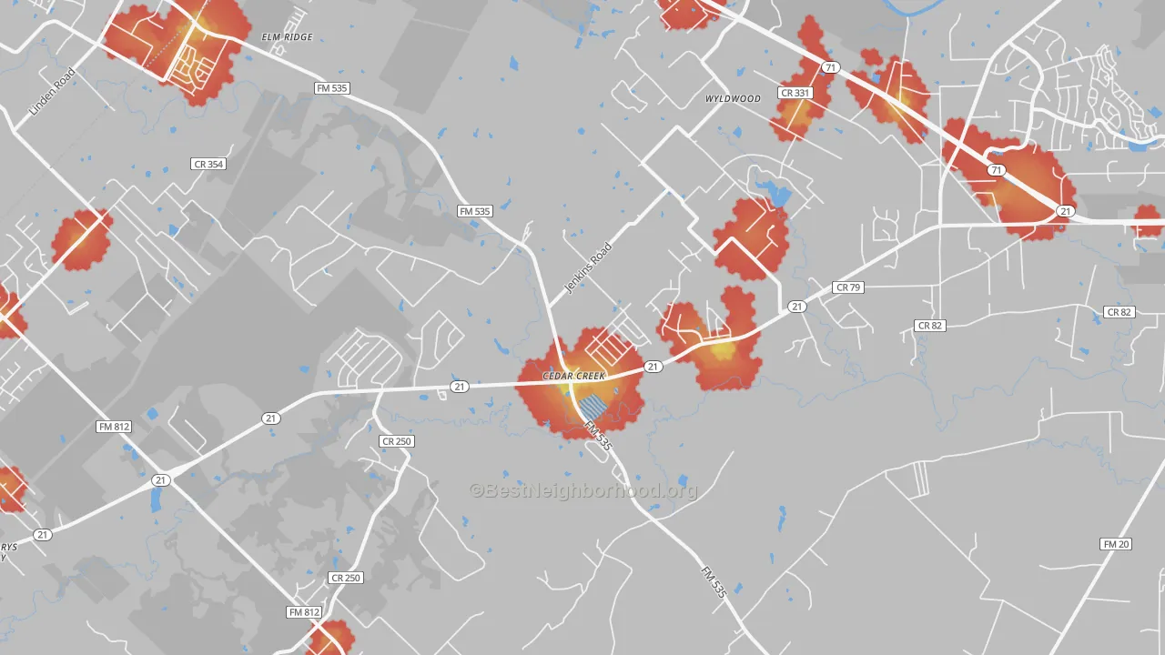 Walk Grade map of Cedar Creek, TX, walkable areas in green and car-dependent areas in red