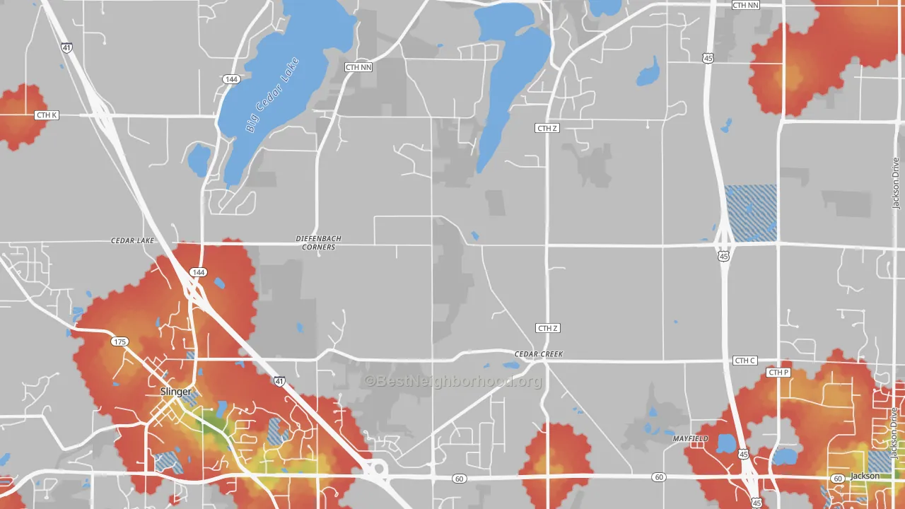 Walk Grade map of Cedar Creek, WI, walkable areas in green and car-dependent areas in red
