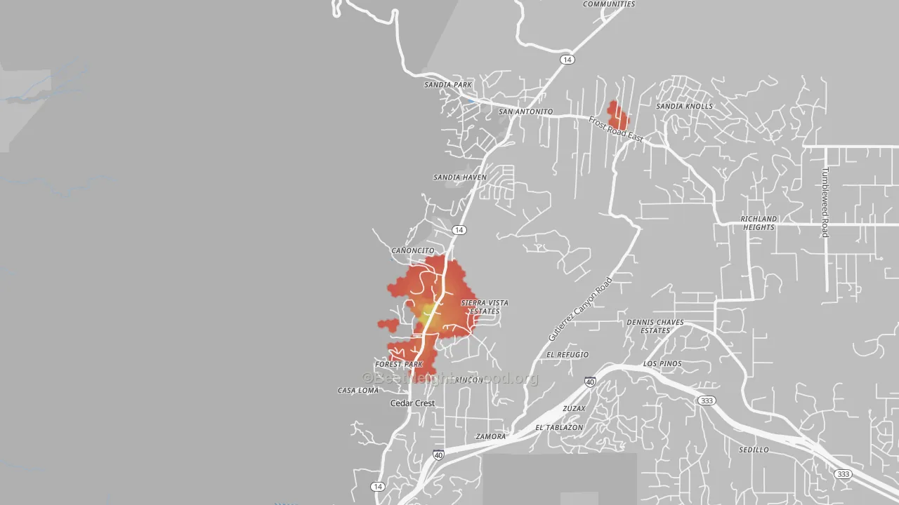Walk Grade map of Cedar Crest, NM, walkable areas in green and car-dependent areas in red
