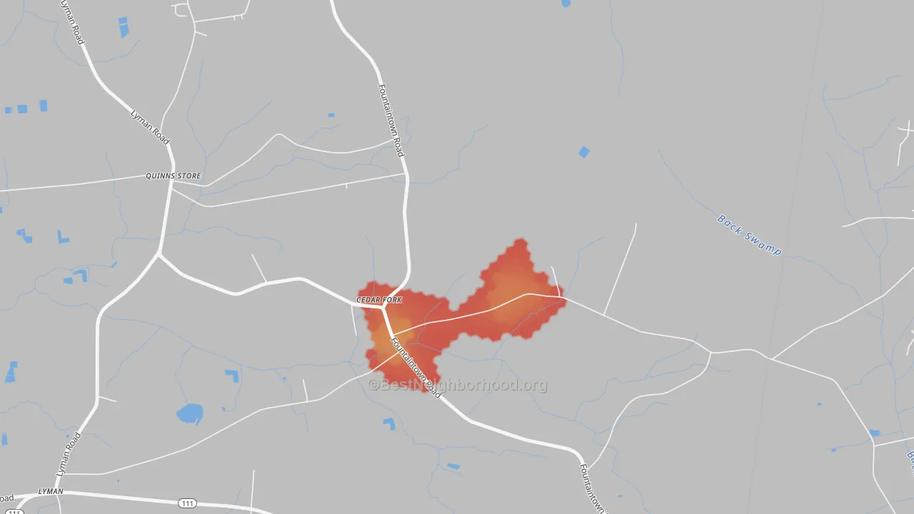Walk Grade map of Cedar Fork, NC, walkable areas in green and car-dependent areas in red