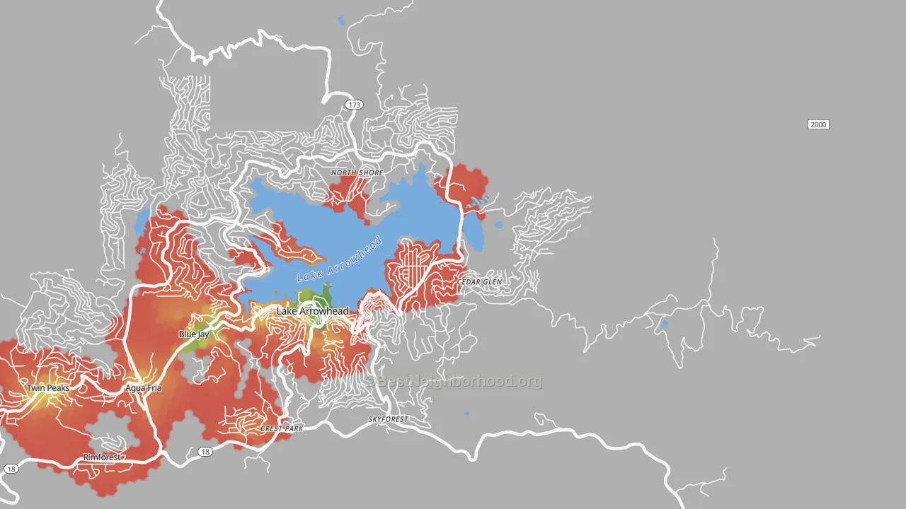 Walk Grade map of Cedar Glen, CA, walkable areas in green and car-dependent areas in red