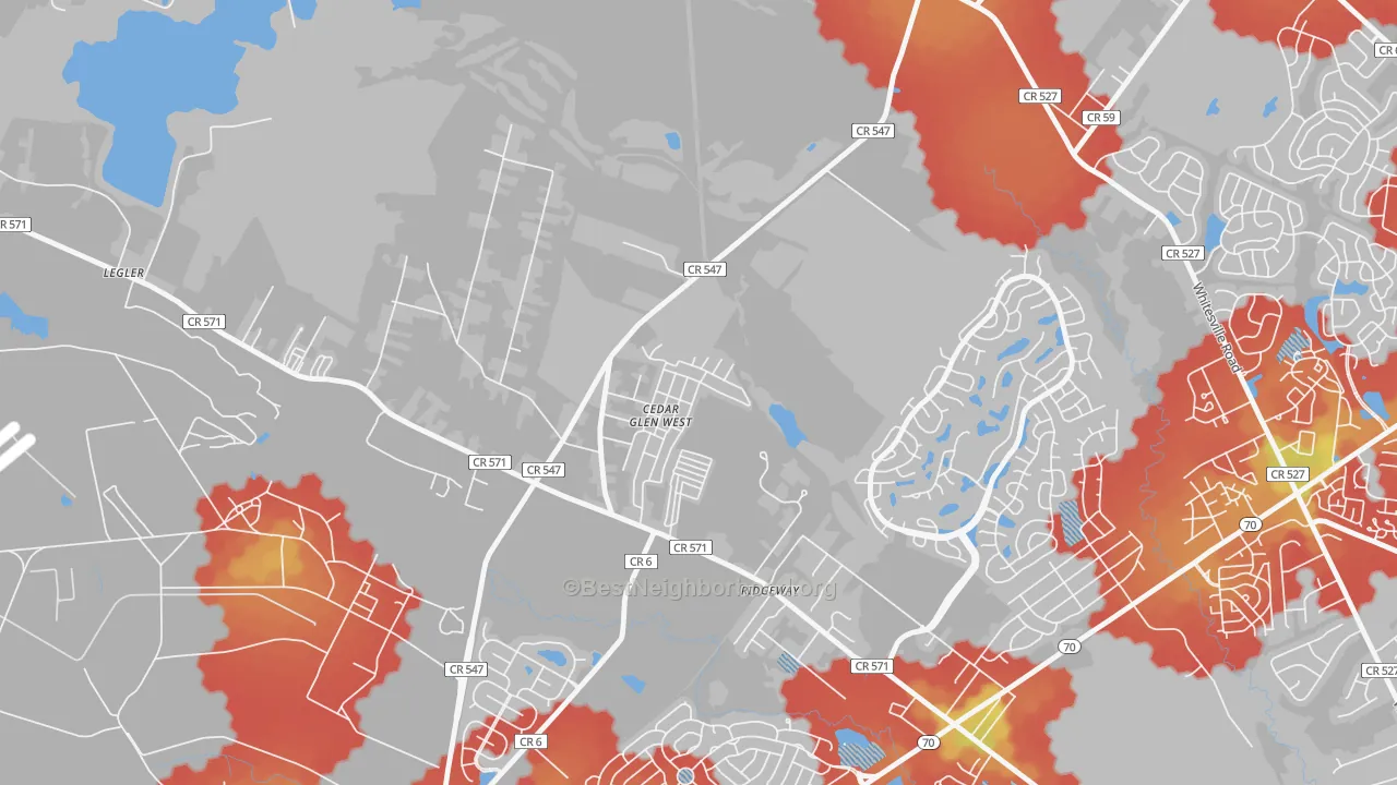 Walk Grade map of Cedar Glen West, NJ, walkable areas in green and car-dependent areas in red