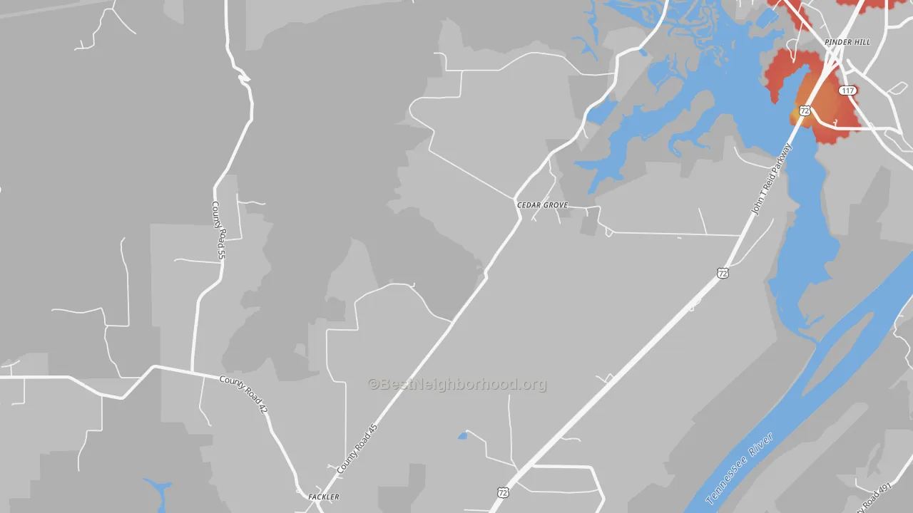 Walk Grade map of Cedar Grove, AL, walkable areas in green and car-dependent areas in red