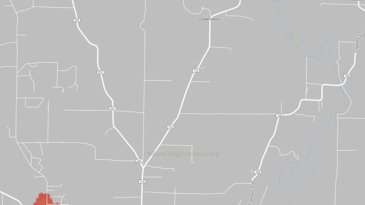 Walk Grade map of Cedar Grove, AR, walkable areas in green and car-dependent areas in red