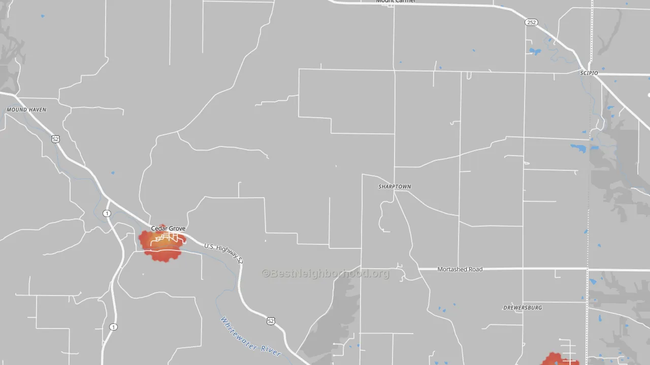 Walk Grade map of Cedar Grove, IN, walkable areas in green and car-dependent areas in red