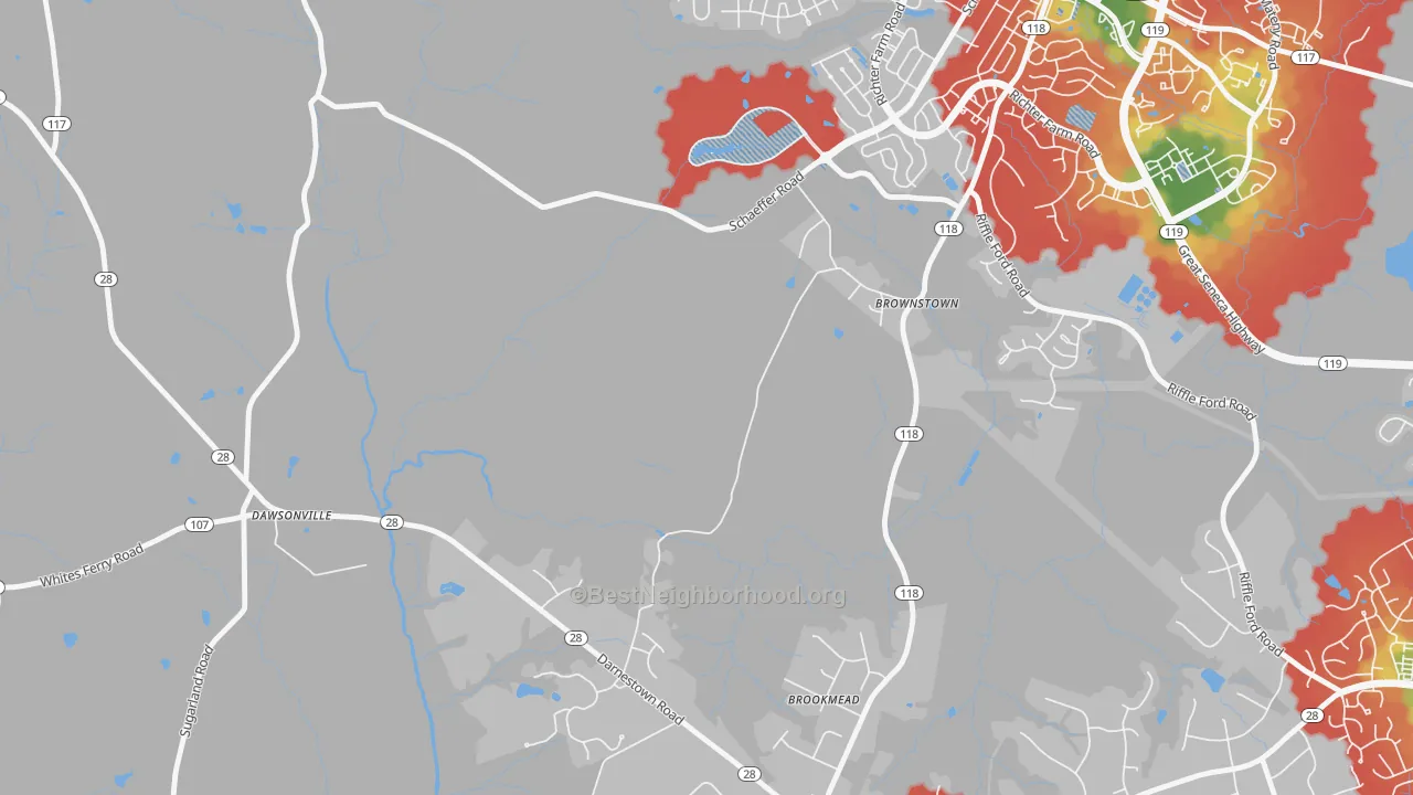 Walk Grade map of Cedar Grove, MD, walkable areas in green and car-dependent areas in red