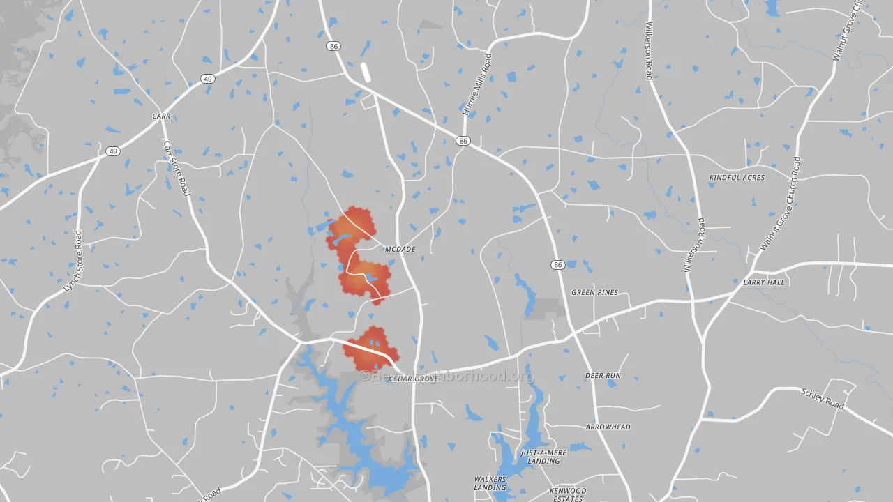 Walk Grade map of Cedar Grove, NC, walkable areas in green and car-dependent areas in red