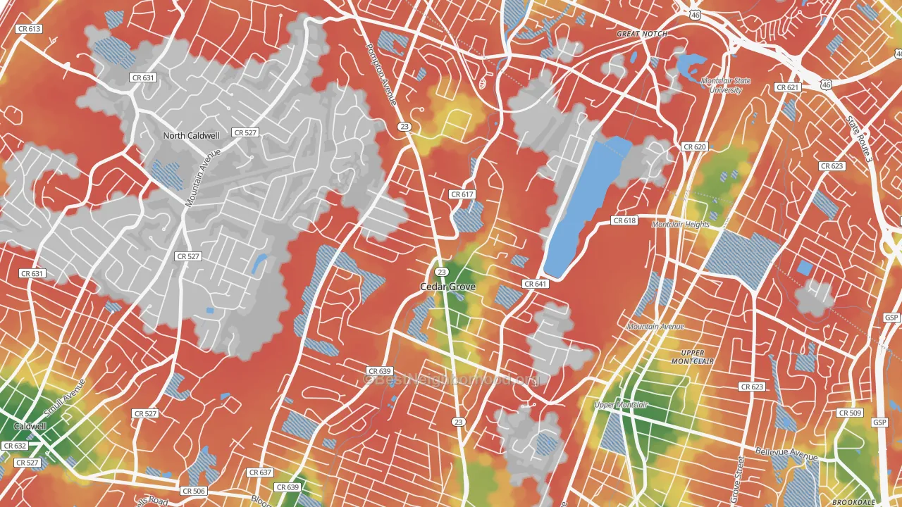 Walk Grade map of Cedar Grove, NJ, walkable areas in green and car-dependent areas in red