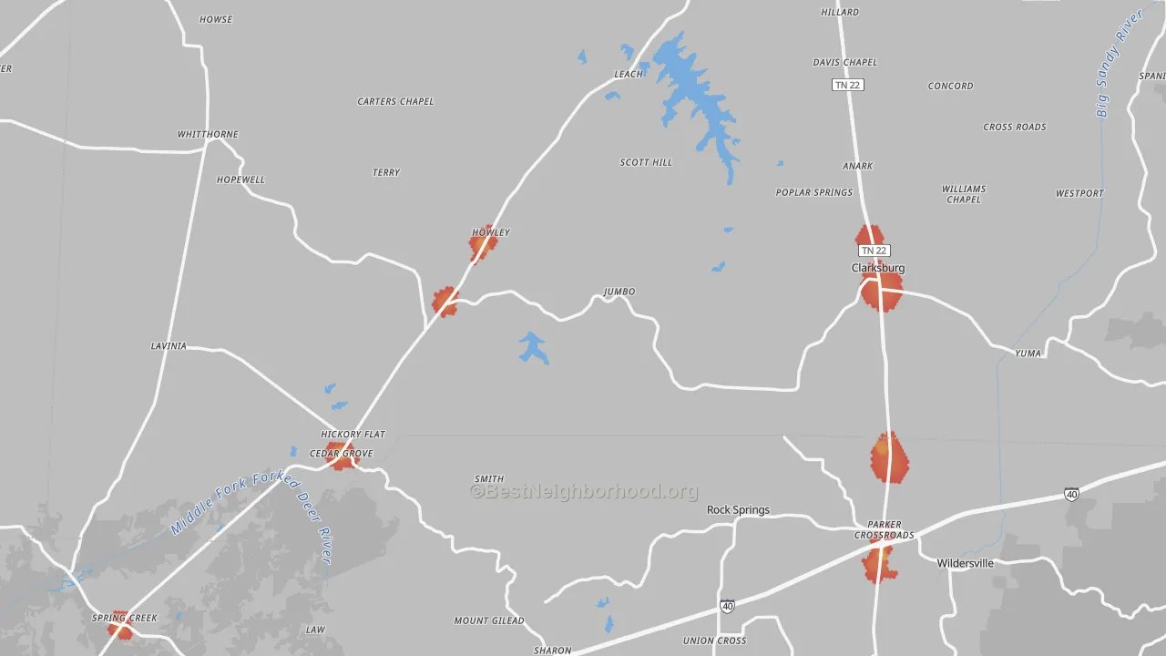 Walk Grade map of Cedar Grove, TN, walkable areas in green and car-dependent areas in red
