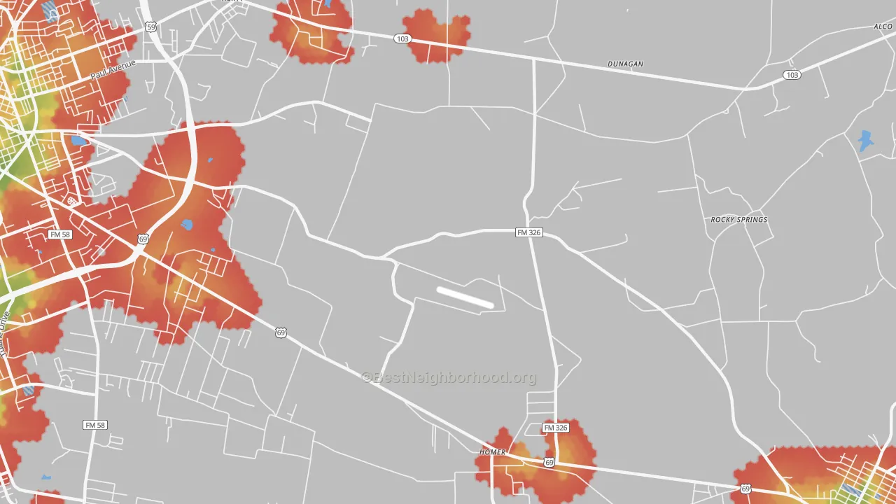 Walk Grade map of Cedar Grove, TX, walkable areas in green and car-dependent areas in red