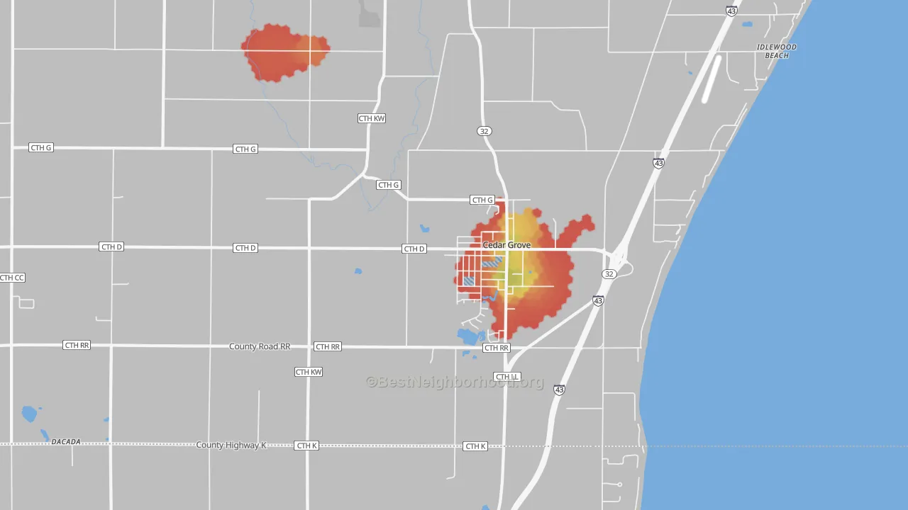 Walk Grade map of Cedar Grove, WI, walkable areas in green and car-dependent areas in red