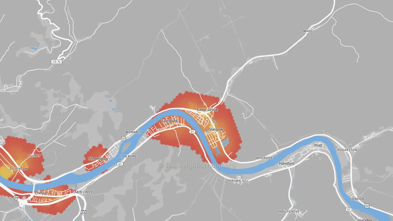 Walk Grade map of Cedar Grove, WV, walkable areas in green and car-dependent areas in red