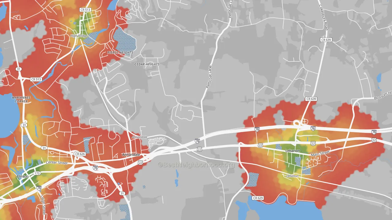 Walk Grade map of Cedar Heights, NJ, walkable areas in green and car-dependent areas in red