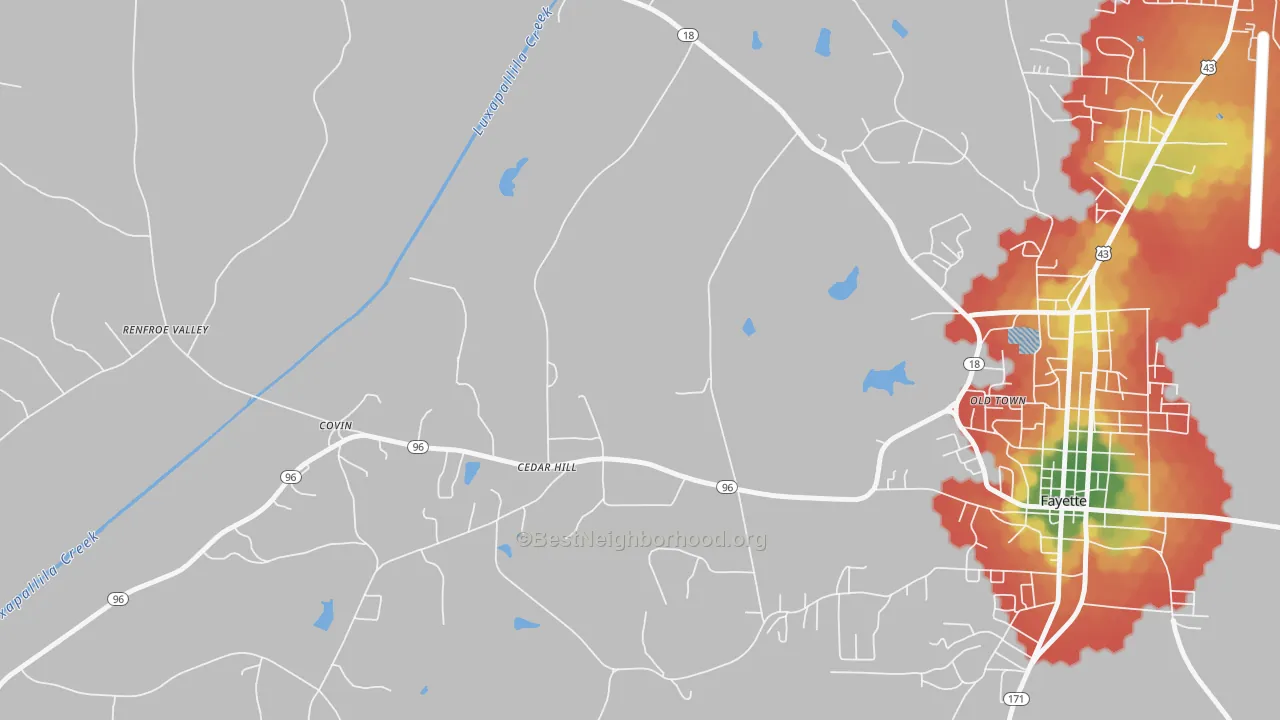 Walk Grade map of Cedar Hill, AL, walkable areas in green and car-dependent areas in red