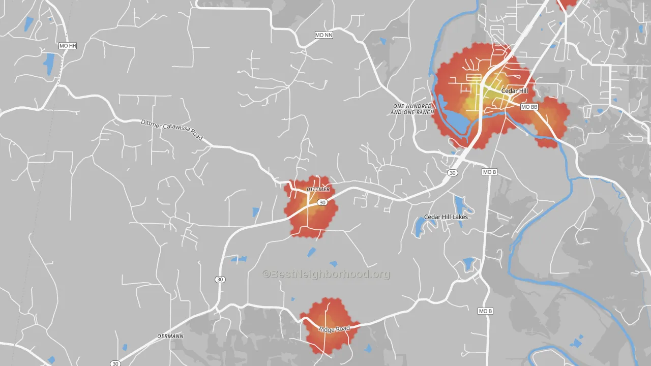 Walk Grade map of Cedar Hill Lakes, MO, walkable areas in green and car-dependent areas in red
