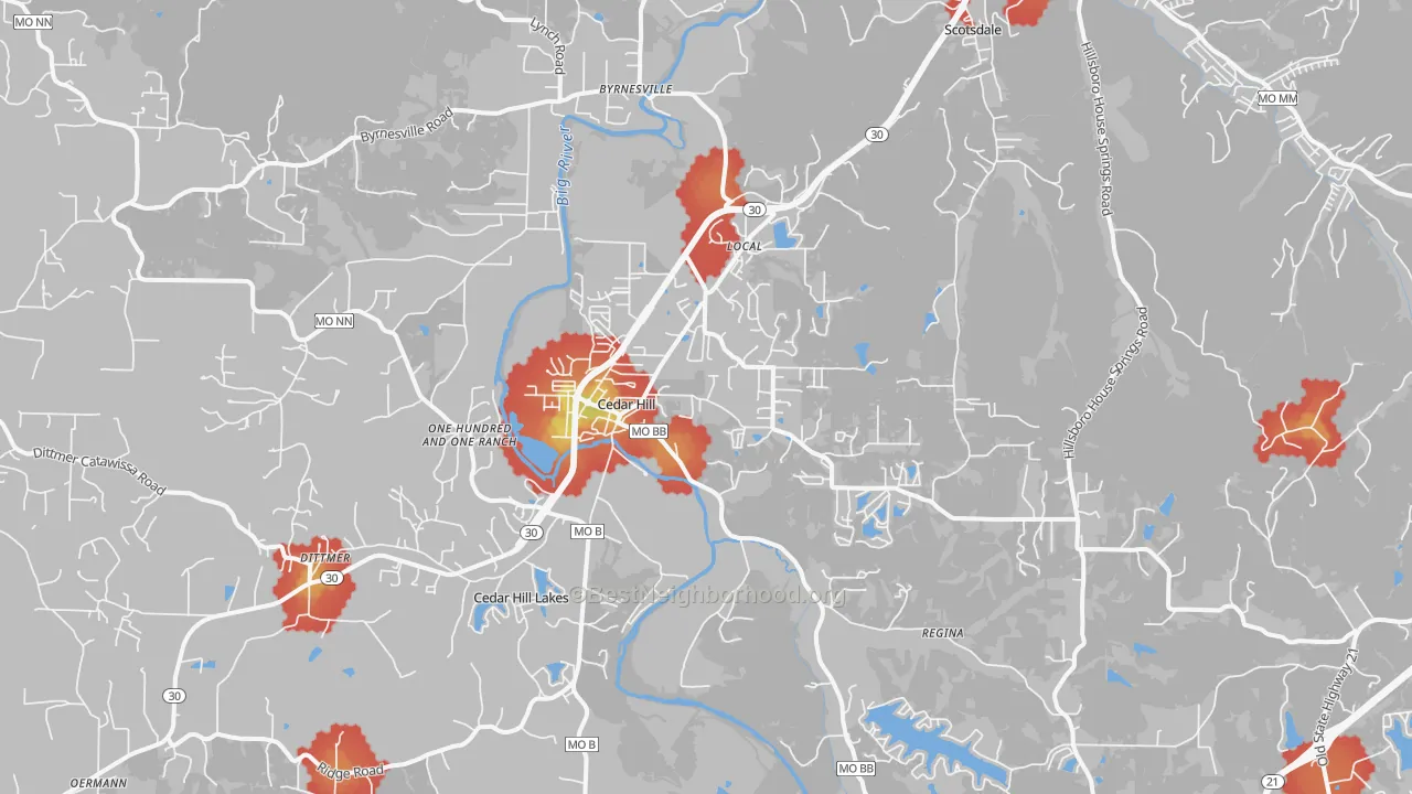 Walk Grade map of Cedar Hill, MO, walkable areas in green and car-dependent areas in red