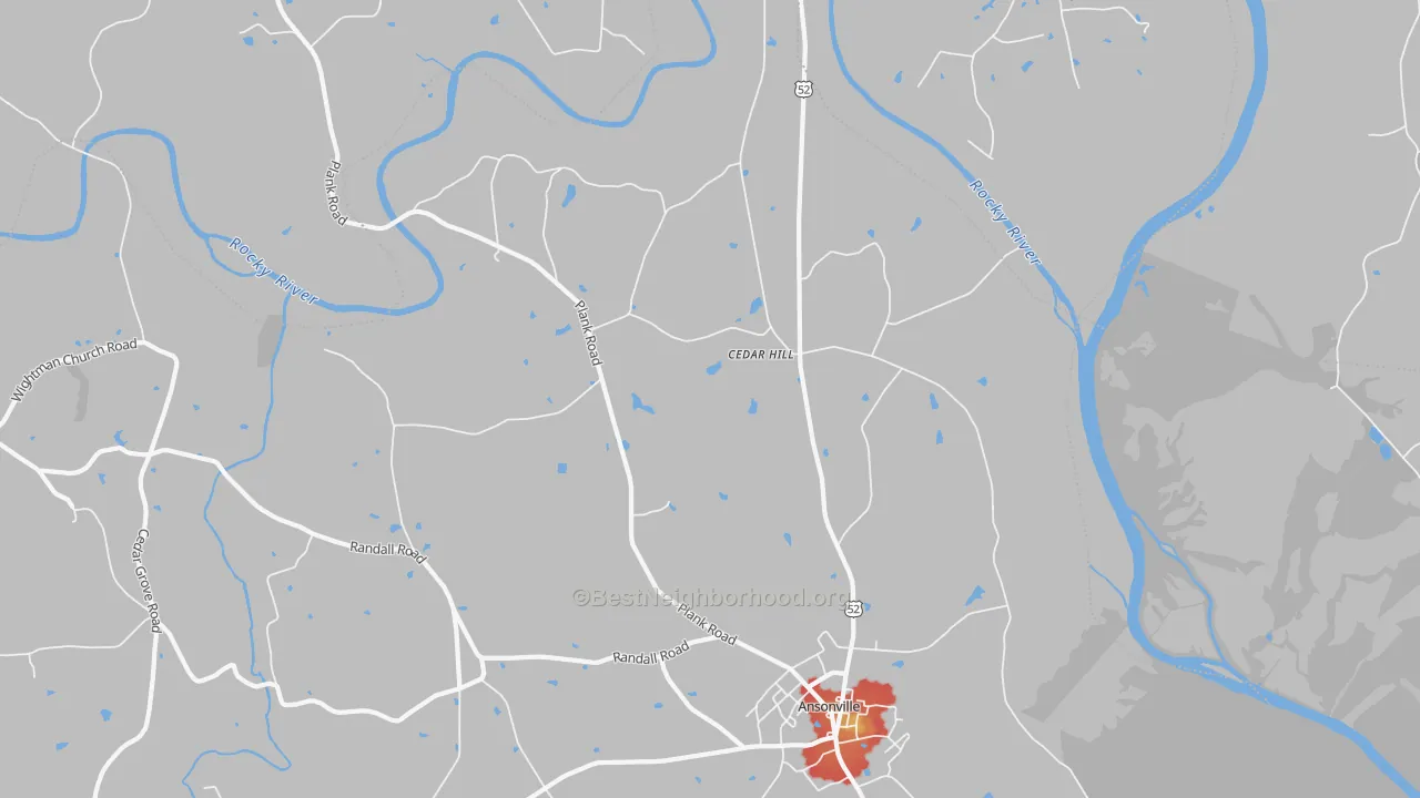 Walk Grade map of Cedar Hill, NC, walkable areas in green and car-dependent areas in red