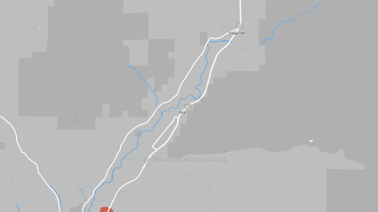 Walk Grade map of Cedar Hill, NM, walkable areas in green and car-dependent areas in red