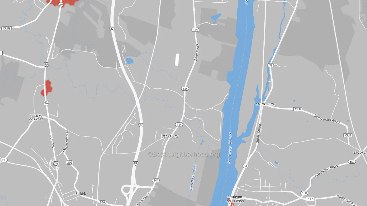 Walk Grade map of Cedar Hill, NY, walkable areas in green and car-dependent areas in red