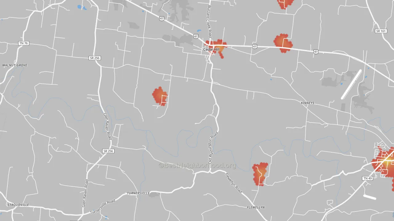 Walk Grade map of Cedar Hill, TN, walkable areas in green and car-dependent areas in red