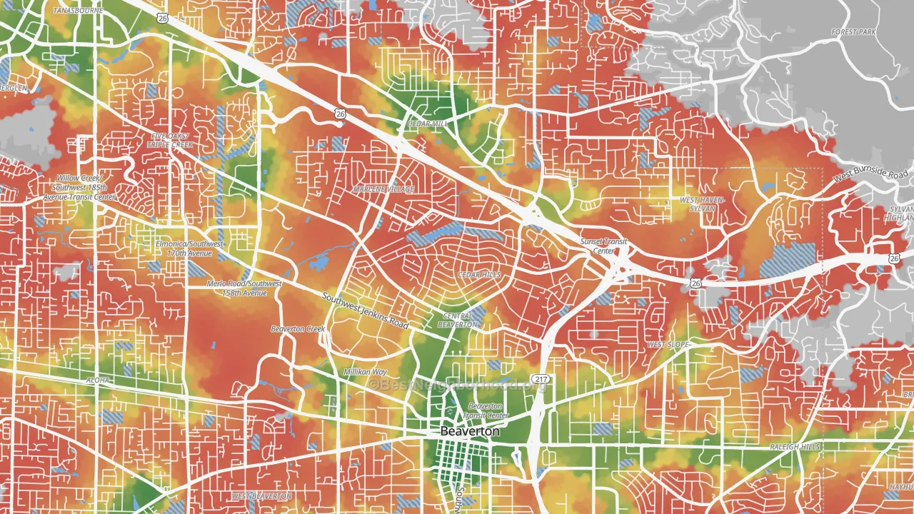 Walk Grade map of Cedar Hills-Cedar Mill North, Beaverton, OR, walkable areas in green and car-dependent areas in red