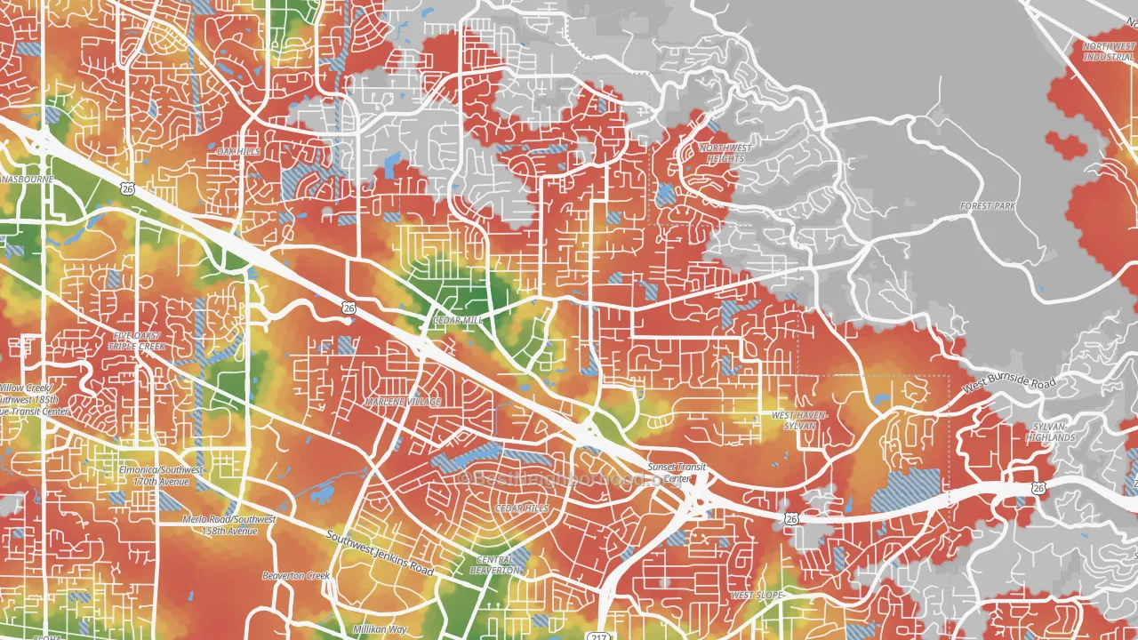 Walk Grade map of Cedar Hills-Cedar Mill, Portland, OR, walkable areas in green and car-dependent areas in red