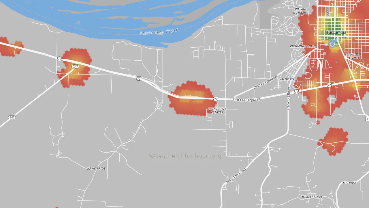 Walk Grade map of Cedar Hills Estates, AL, walkable areas in green and car-dependent areas in red