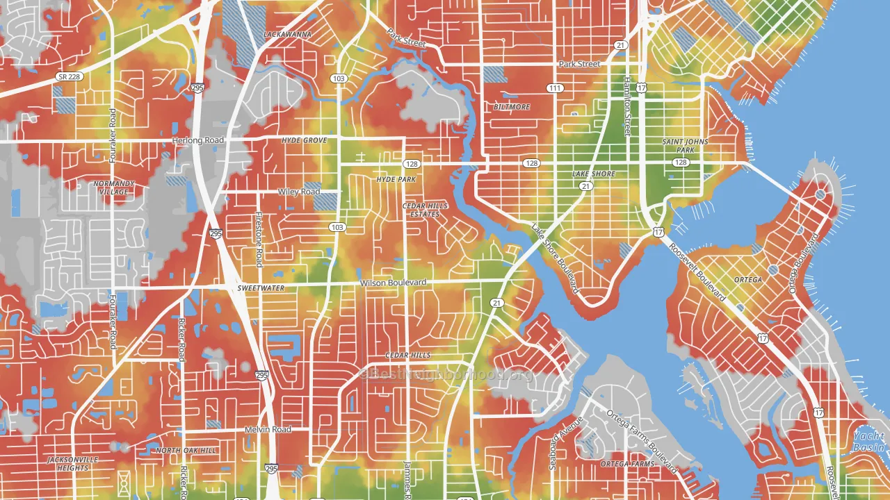 Walk Grade map of Cedar Hills Estates, Jacksonville, FL, walkable areas in green and car-dependent areas in red