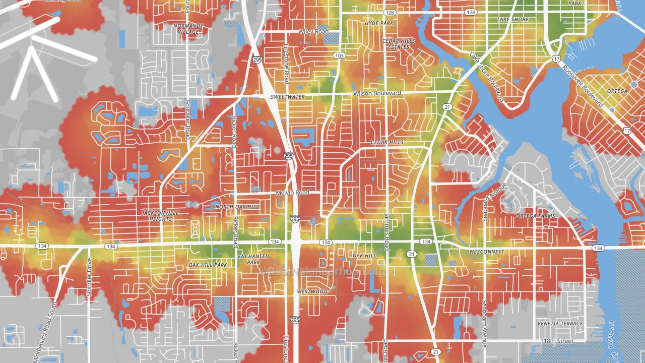 Walk Grade map of Cedar Hills, Jacksonville, FL, walkable areas in green and car-dependent areas in red