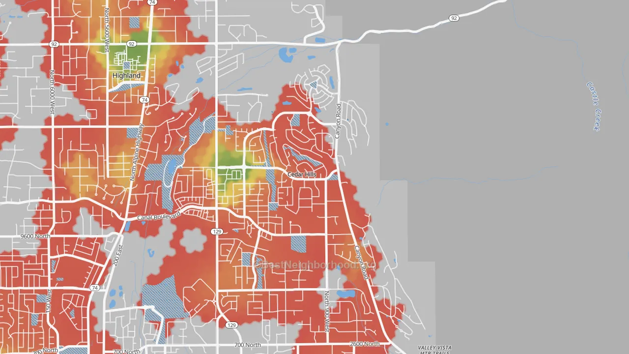 Walk Grade map of Cedar Hills, UT, walkable areas in green and car-dependent areas in red