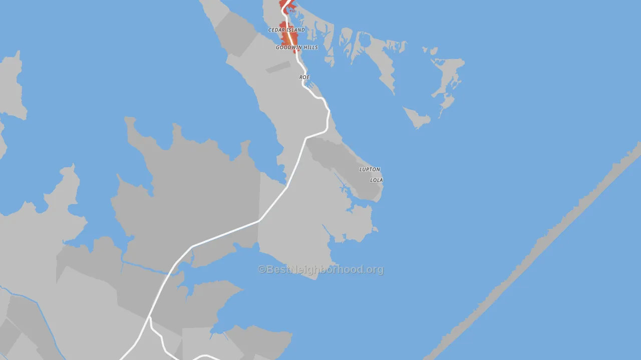 Walk Grade map of Cedar Island, NC, walkable areas in green and car-dependent areas in red
