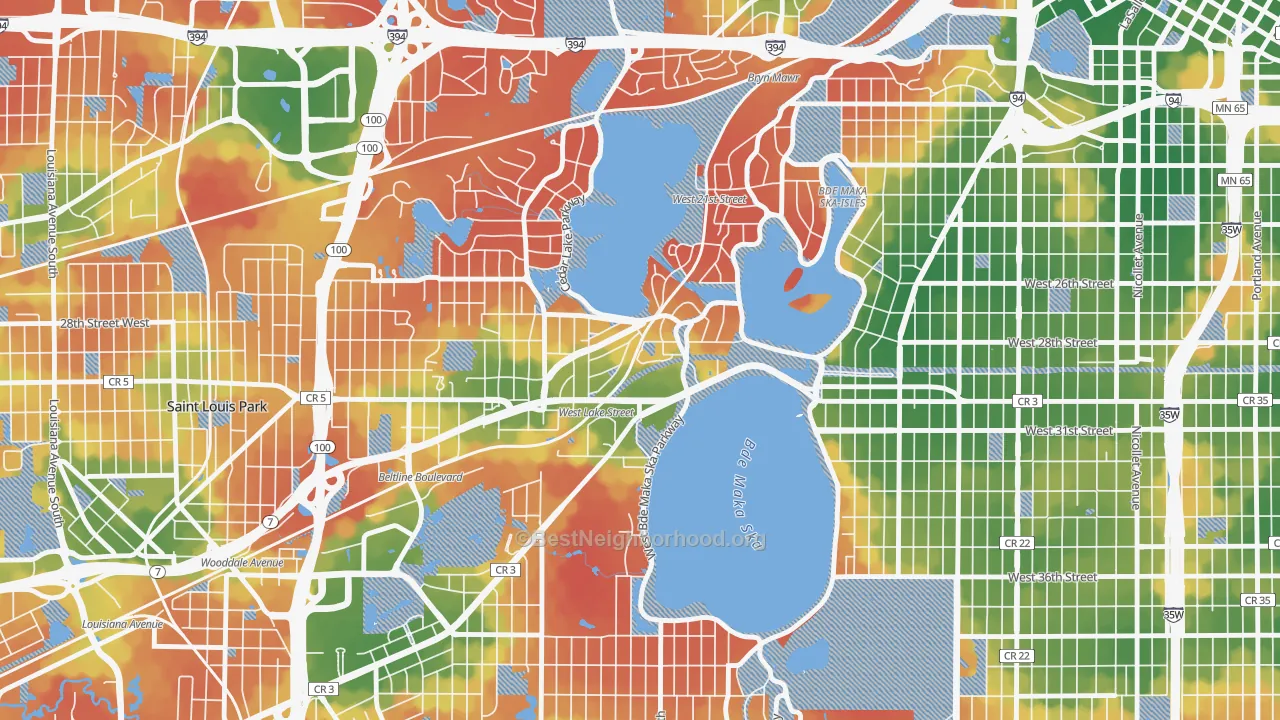Walk Grade map of Cedar-Isles-Dean, Minneapolis, MN, walkable areas in green and car-dependent areas in red
