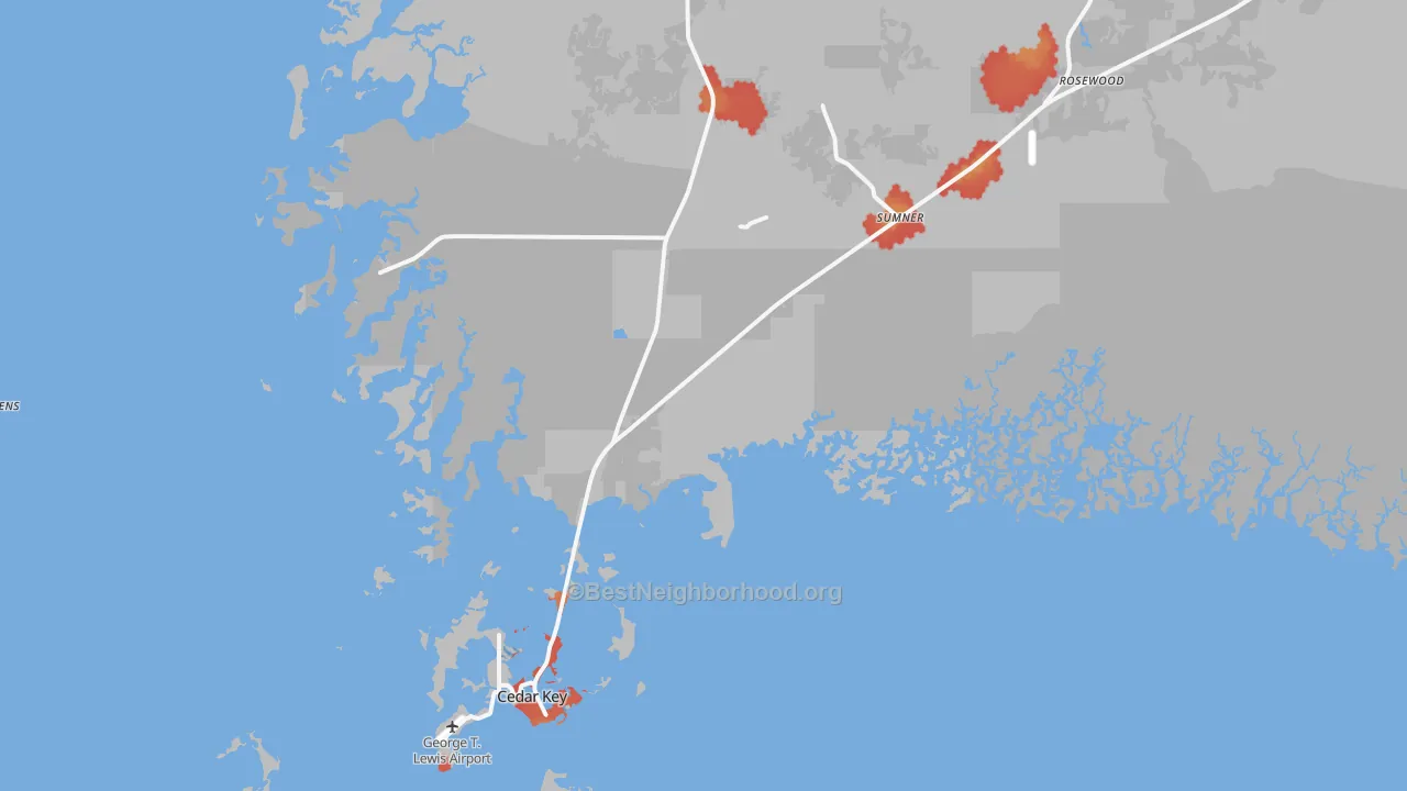 Walk Grade map of Cedar Key, FL, walkable areas in green and car-dependent areas in red