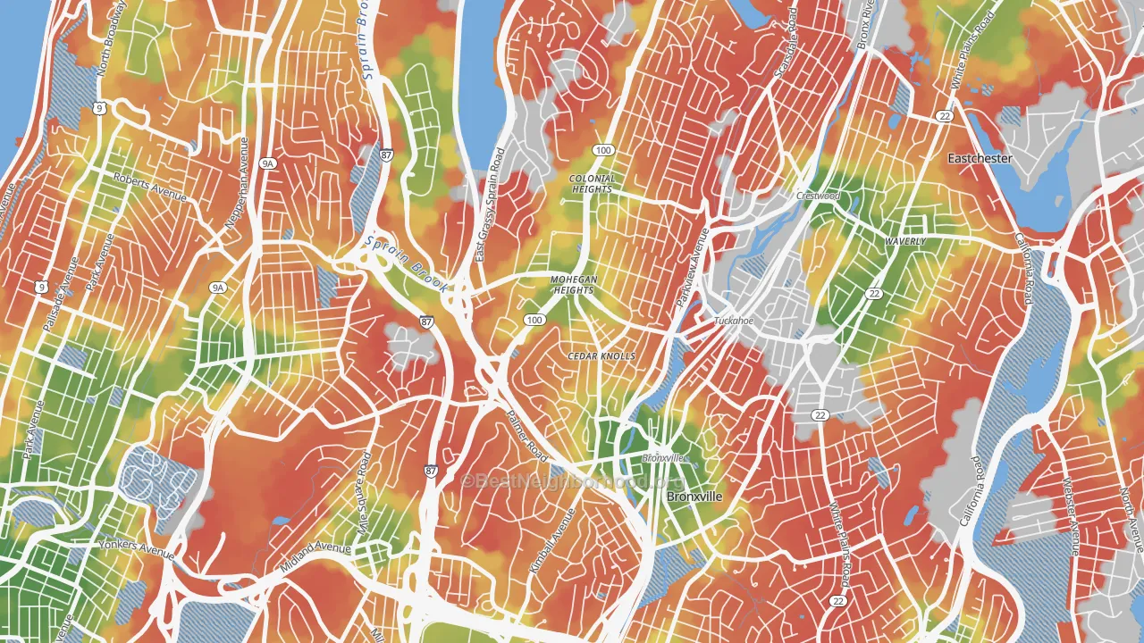 Walk Grade map of Cedar Knolls, Bronxville, NY, walkable areas in green and car-dependent areas in red