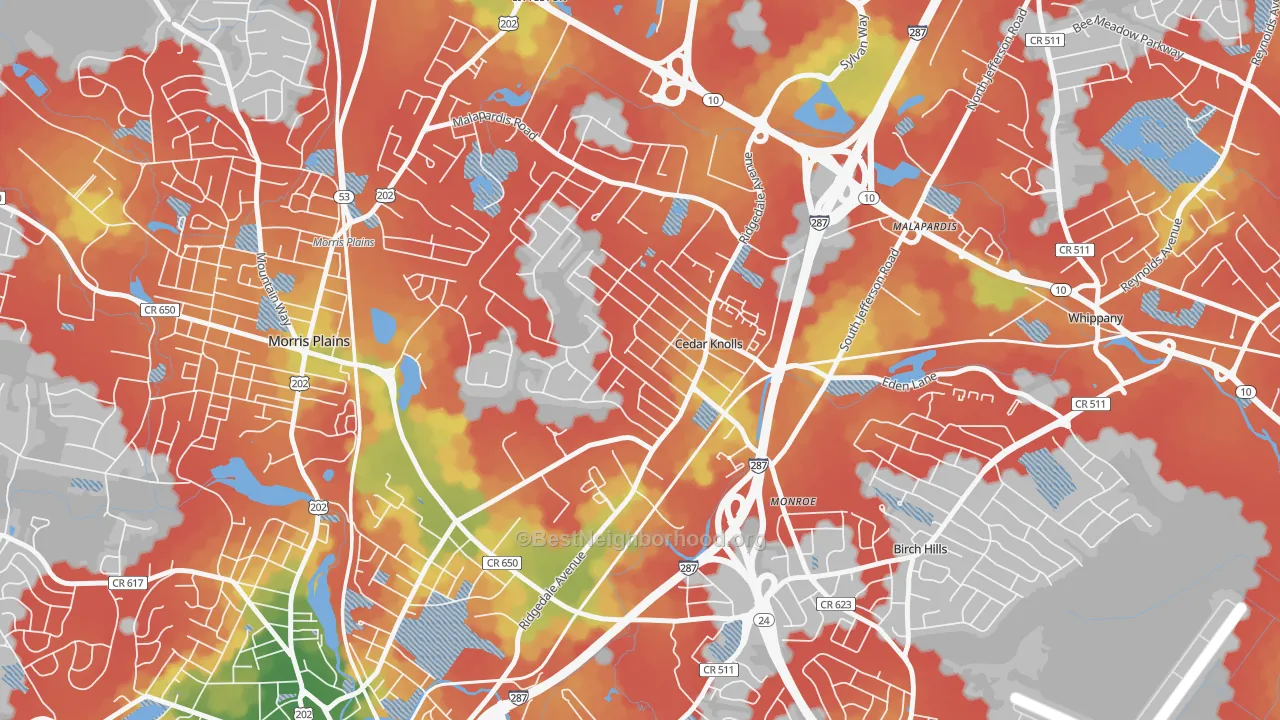 Walk Grade map of Cedar Knolls, NJ, walkable areas in green and car-dependent areas in red